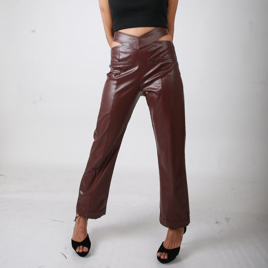 Burgundy Slit Leather Pants