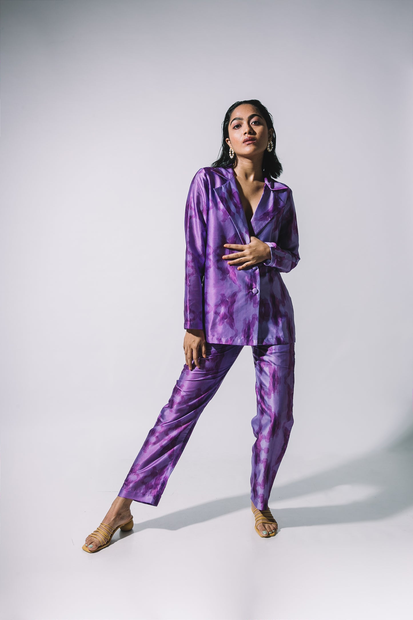 Purple Printed Long Blazer Set